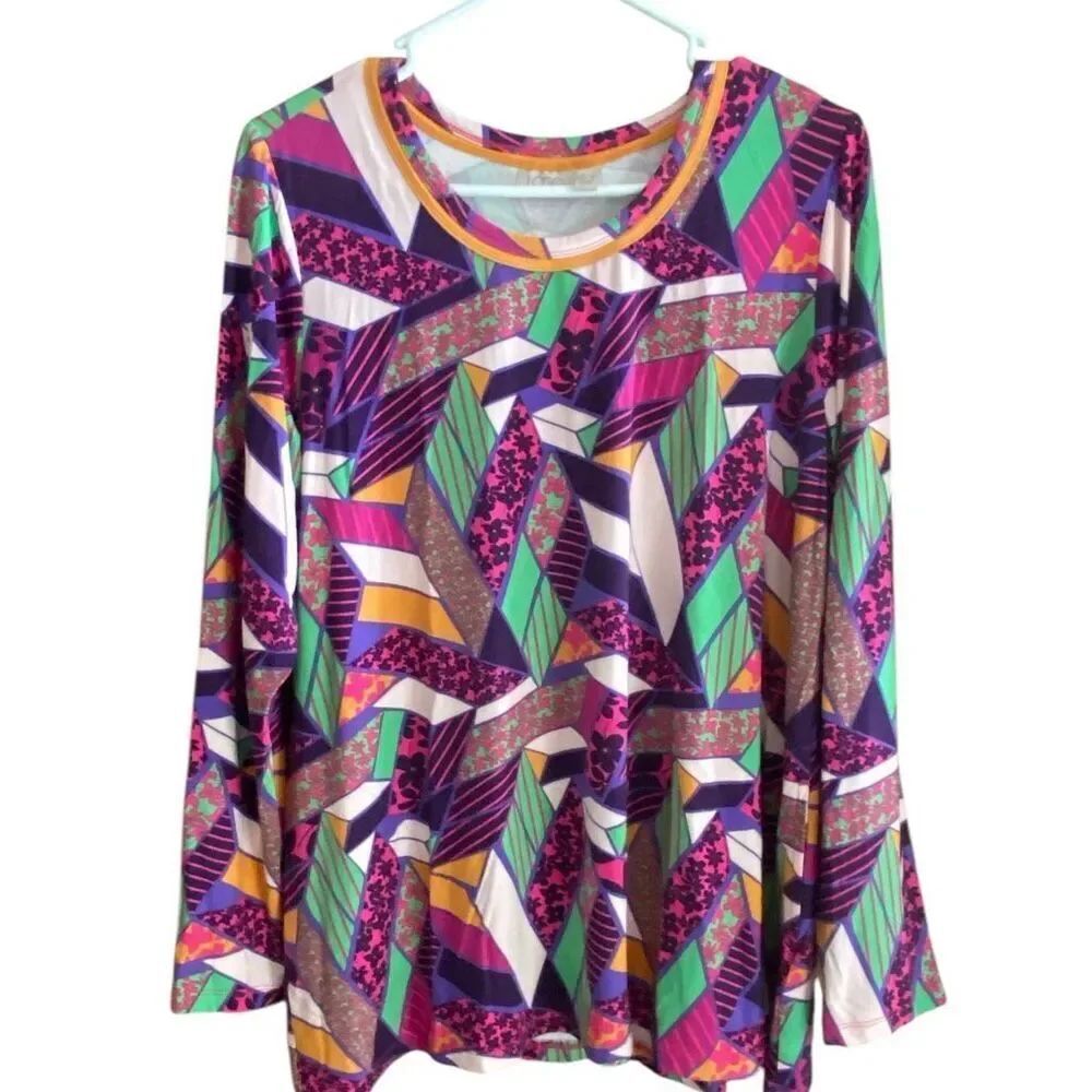 Logo Lori Goldstein  Geometric Print Tunic Top Colorful Long Sleeve Women L
